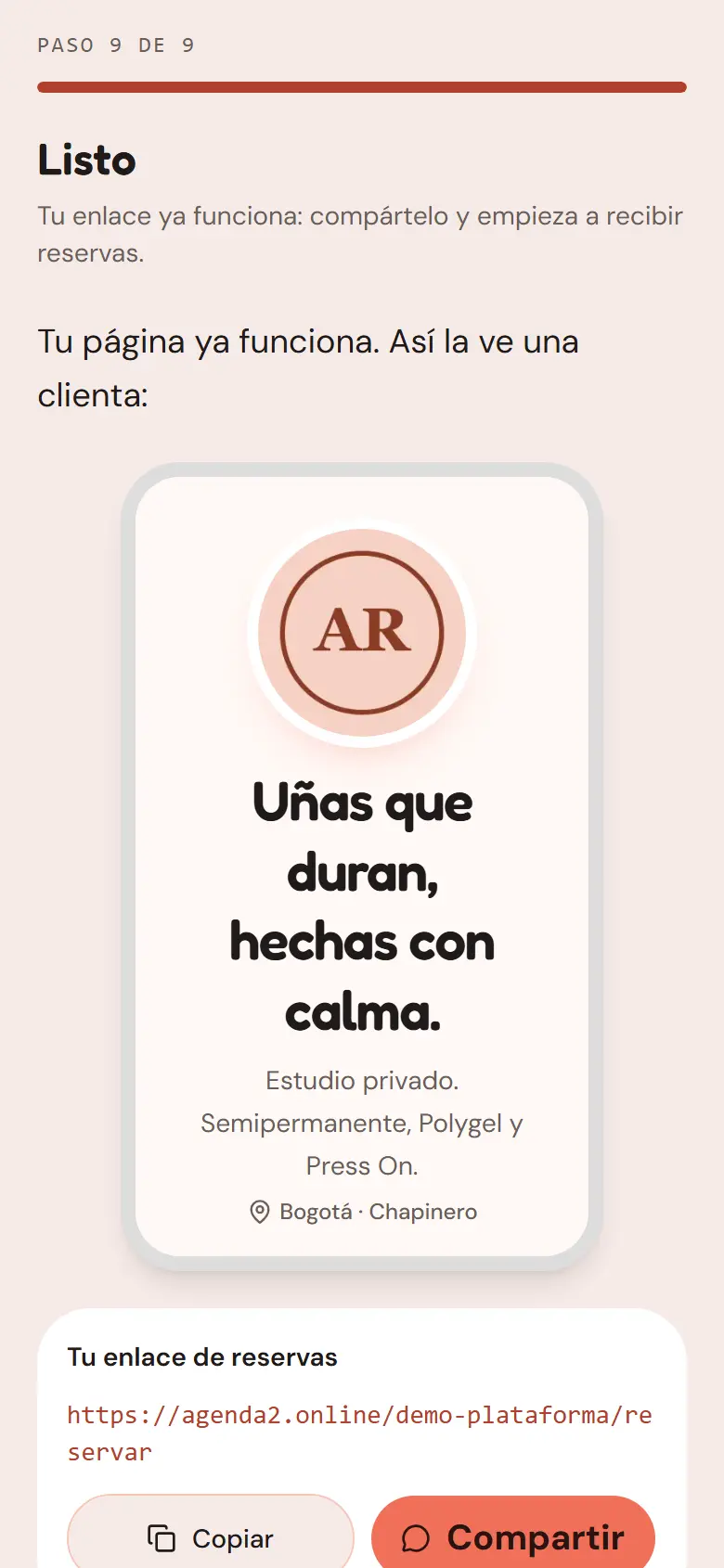 Asistente de configuración: pantalla Listo con el enlace de reservas
