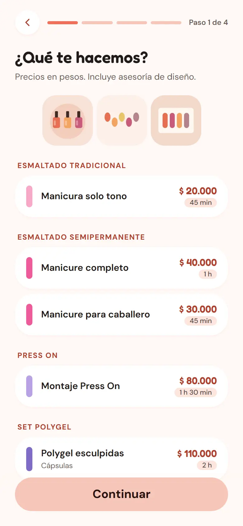 Pantalla de reserva de Agenda2: lista de servicios del negocio